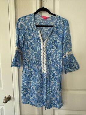 Lily Pulitzer - Hollie Tunic dress Light Blue Patterned with White Lace Trim